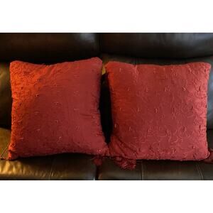 Waterford 2 Silk Throw Pillow Burgundy Red Beaded Embroidery Fringe Toss 16"